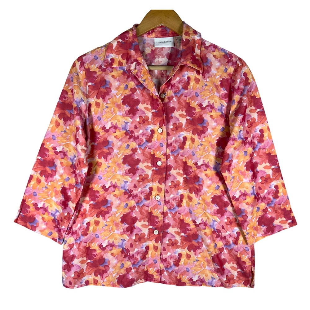 Liz Claiborne Floral Button Down 3/4 Sleeve Shirt Women's S Colorful Vintage